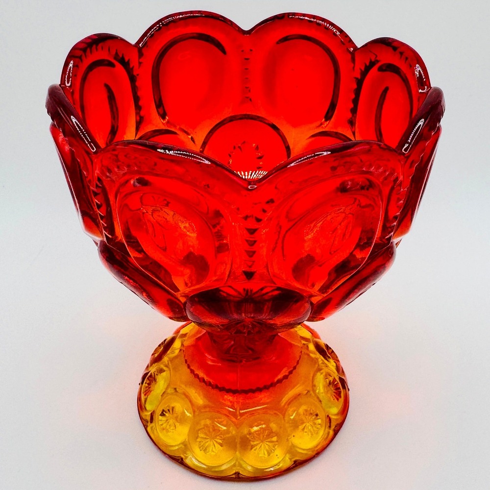 LE Smith Moon & Stars Amberina Cadmium Glass Compote UV Reactive Vintage